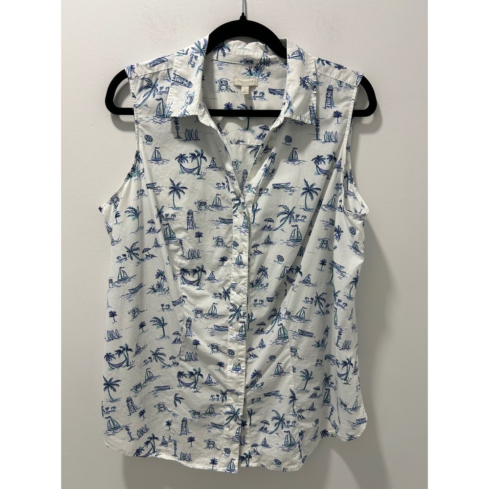 Talbots Plus Womens X White Blue Coastal Sailboat Palm Tree Sleeveless Shirt